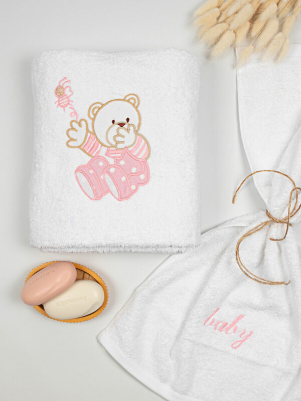 Σετ πετσέτες κεντητές Bear 04 White/Pink - Image 2